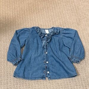 H&M Girls Blue Denim Ruffle Button-Down Shirt